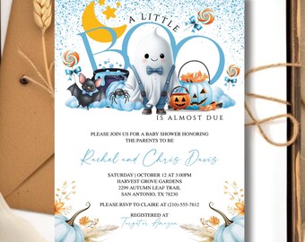 Peut inclure: Une invitation à une baby shower sur le thème d'Halloween. Le design présente un fantôme de dessin animé et le texte "A Little Boo Is Almost Due". L'invitation comprend les détails de l'événement et est enregistrée chez Target et Amazon.