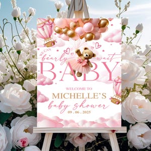 Pink Teddy Bear Baby Shower Welcome Sign Editable, We Can Bearly Wait Girl Poster Sign, Boho Bear Balloon Shower Decor, Digital Template