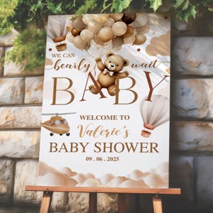 We Can Bearly Wait Baby Shower Welcome Sign Editable, Teddy Bear Balloon Poster Sign Gender Neutral Boho Bear Baby Shower Welcome Sign Decor