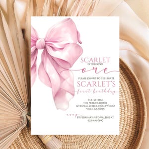 Baby Girl 1st Birthday Invite Pink Bow, Pink Bow 1st Party, Printable Template, Elegant Coquette First Birthday Invitation, Instant Download