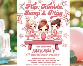Editable Gymnastics Birthday Invitation Template, Gymnastics Kids Birthday Invite, Tumble Twist Flip Party Invite Girl Gym Birthday Download