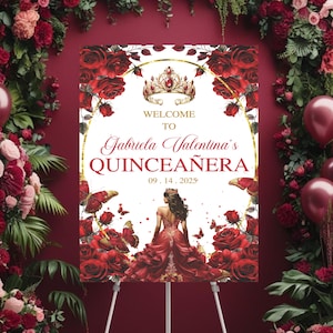 Editable Mis Quince Anos Welcome Sign, Burgundy Red and Gold Floral 15th Birthday Decor, Sweet 16 Butterfly Banner, Welcome Sign Template