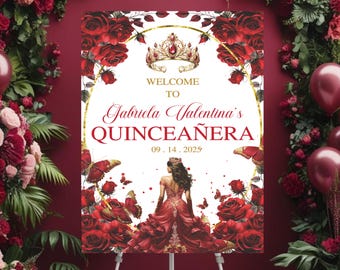 Bearbeitbares Mis Quince Anos Willkommensschild, burgunderrotes und goldenes Blumendekor zum 15. Geburtstag, Sweet 16 Schmetterlingsbanner, Willkommensschildvorlage