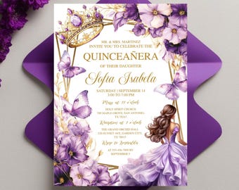 May include: Purple and gold Quinceañera invitation with a floral design, butterflies, and a crown. The invitation includes the text "MR. & MRS. MARTINEZ INVITE YOU TO CELEBRATE THE QUINCEAÑERA OF THEIR DAUGHTER Sofia Isabela".