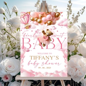 We Can Bearly Wait Baby Shower Sign Editable, Pink Girl Teddy Bear Balloon Poster Sign, Boho Bear Baby Shower Welcome Sign, Instant Download