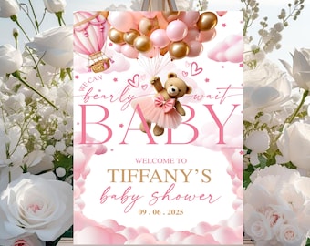 Wir können kaum warten Babyparty Zeichen bearbeitbar, Rosa Mädchen Teddybär Ballon Poster Zeichen, Boho Bär Baby Shower Willkommensschild, Sofort Download
