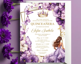 May include: Purple and gold Quinceañera invitation with a floral design and a crown. The invitation includes the text "MR. & MRS. MARTINEZ INVITE YOU TO CELEBRATE THE QUINCEAÑERA OF THEIR DAUGHTER Sofia Isabela" and details for the event.
