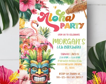 Aloha Geburtstagseinladung bearbeitet, Hawaiianische Luau-Party laden Vorlage ein, Geburtstagsparty-Einladung für Tropischen Strand, Canva Vorlage, Aloha Kid