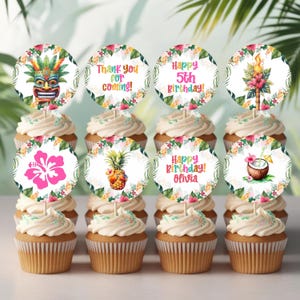 Aloha Luau Cupcake Toppers Printable, Girl Hawaiian Birthday Party Decor, Hula Pineapple Cake Topper Template, Summer Dessert Labels CPC003