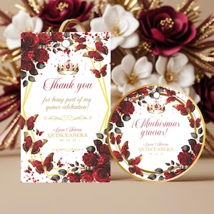 Red Burgundy Gold Quinceañera Thank You Gift Tags Label Editable 15th Birthday Party Favor Tag Mis Quince Anos Gracias Tags Quince Gift Tag