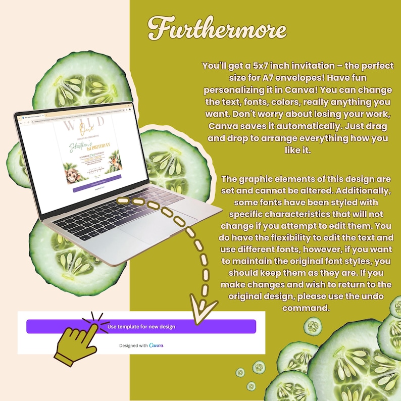 Peut inclure: Un ordinateur portable affiche un mod&egrave;le d'invitation "Wild One", avec du texte et des graphiques. L'image comprend le texte "Furthermore" et "Use template for new design". L'arri&egrave;re-plan pr&eacute;sente des tranches de concombre et un code couleur vert et jaune.
