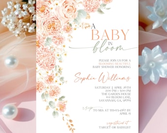 Baby in Bloom Invitation, Floral Baby Shower Invite, Pastel Peach Flower, Floral Baby Shower Invitation, Baby Sprinkle Invitation Template