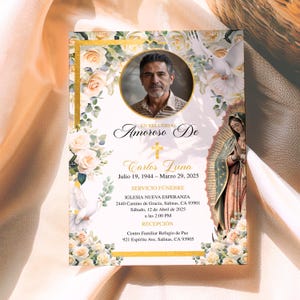 May include: A memorial card with a portrait of a man, surrounded by floral and religious imagery. The card includes text in Spanish, with the name "Carlos Luna" and dates "Julio 19, 1944 - Marzo 29, 2025". The card also lists service details.