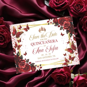 Quinceaňera Speichern Sie das Datum, roter Burgunder und Goldschmetterling, bearbeitbare Mis Quince Anos, rote Blumendrucke, sofortiger Download süße 16 Karte