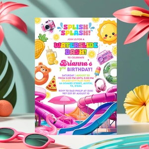 Editable Water Slide Birthday Invitation, Summer Pool Party Invite,  Printable Kids Party Invitation, Splish Splash Theme, Instant Download