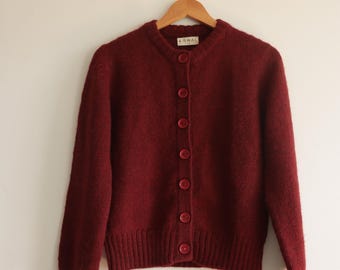 100% wool burgundy hand knit soft button up knitted cardigan - ethical - sustainable fashion - spring/autumn/winter gift