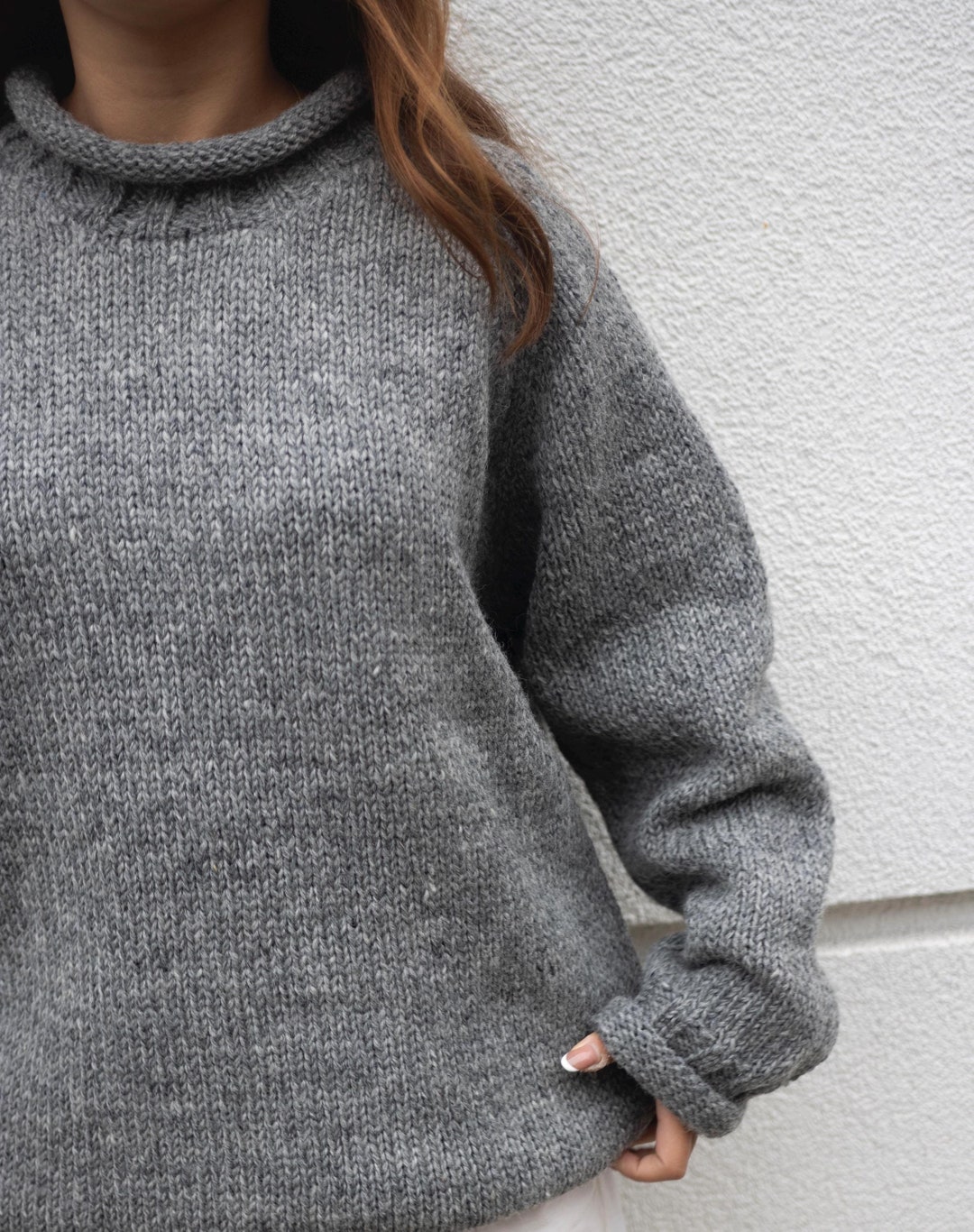 Oversized Chunky Ribbed Knit Roll Edge High Neck Drop Shoulder Sweater