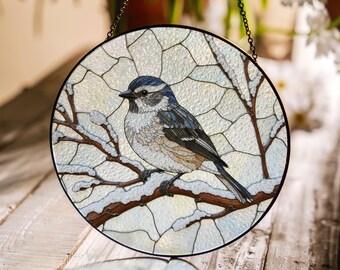 Blue bird on spring branch round suncatcher stained glass window gift for bird lovers