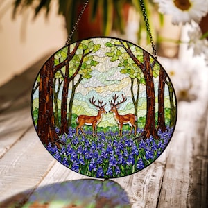 Deer in forest with wildflowers stained glass style suncatcher woodland decor gift for nature lovers