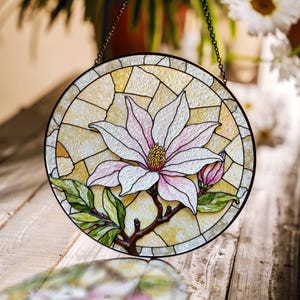 White magnolia flower stained glass suncatcher window hanging floral decor gift for mom