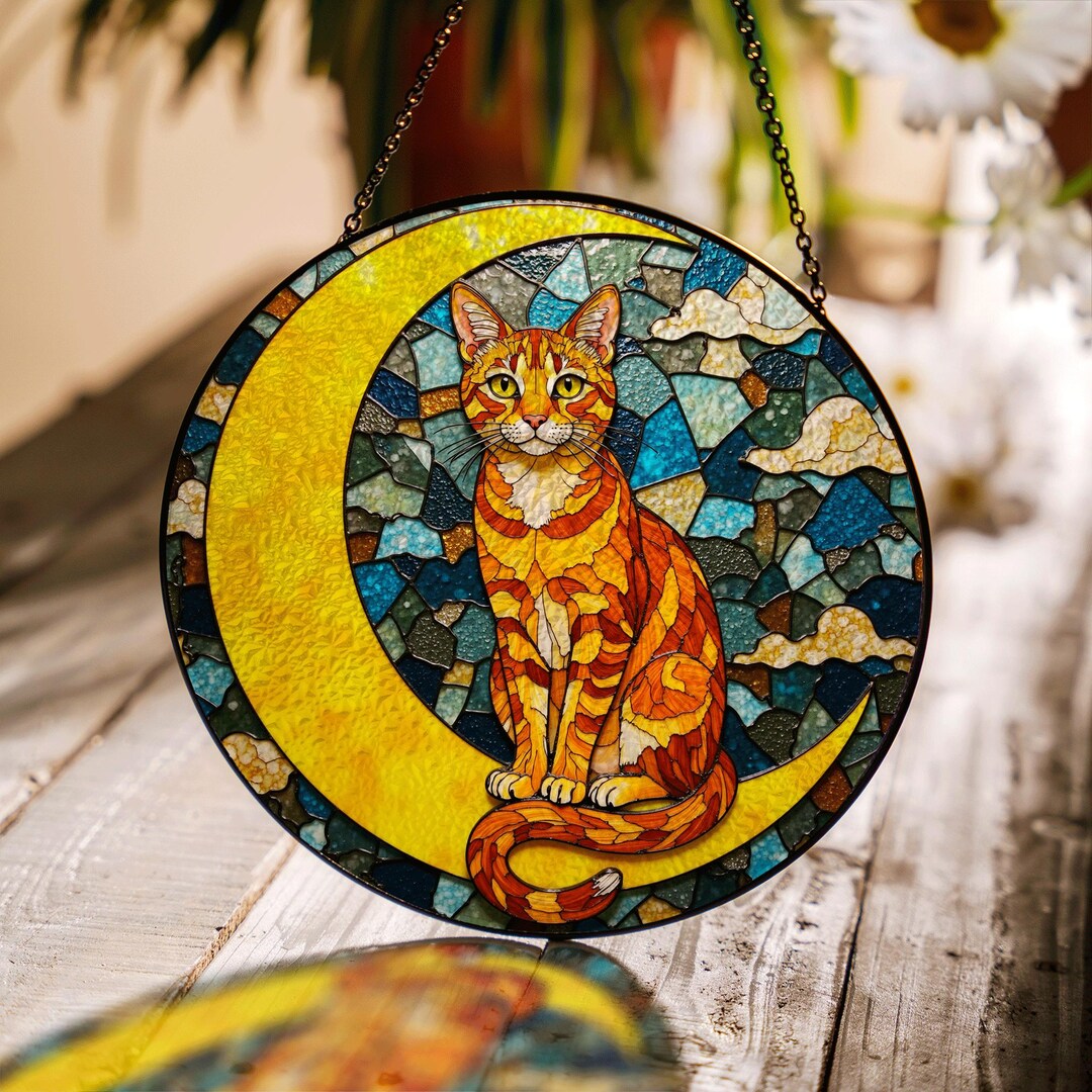 Stained Glass Cat Moon Suncatcher Window Hanging Gift for Cat Lovers - Etsy