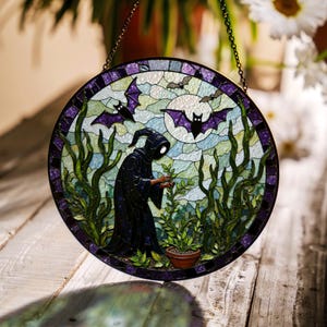 stained glass suncatcher gothic witch garden with bats halloween gift for her