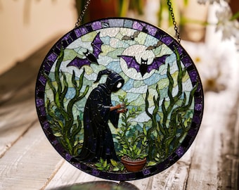 温室の黒猫：ステンドグラス風の窓掛け - Etsy 日本