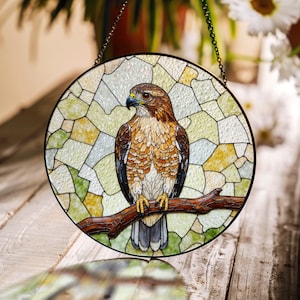 majestic hawk perched on branch stained glass window hanging suncatcher gift for bird lover