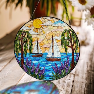 Sailboat Stained Glass Suncatcher Ocean Window Hanging Gift for Sailor Nautical Decor