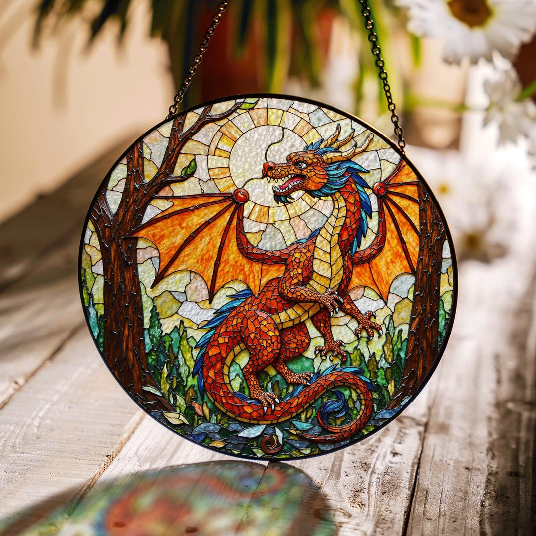 Fiery Dragon Fantasy Art Stained Glass Suncatcher Window Decor Unique ...