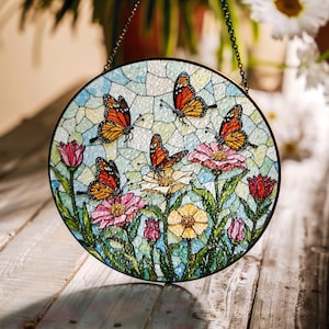 Butterfly Stained Glass Suncatcher Spring Flowers Gift for Mom