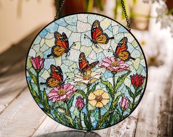 Butterfly Stained Glass Suncatcher Spring Flowers Gift for Mom