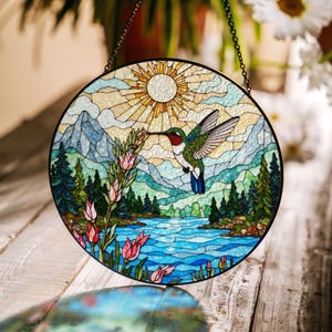 Hummingbird Lake Mountain Scene Suncatcher Stained Glass Window Decor Gift for Mothers Day Nature Lovers