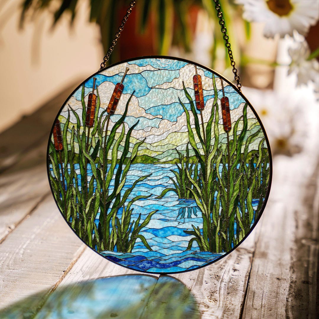 Lake Reeds and Cattails Stained Glass Suncatcher Handmade Window Decor ...