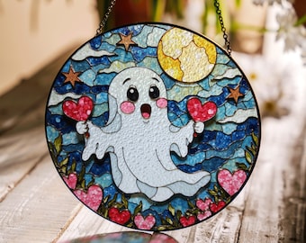 Suncatcher stained glass cute ghost with hearts Halloween gift for friends and family