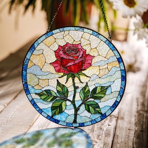 Suncatcher stained glass red rose floral design Mothers Day gift Christmas gift