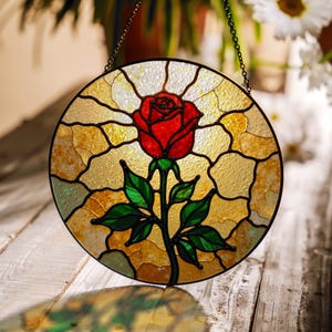Red rose stained glass suncatcher round floral window decor gift for mom birthday valentines day
