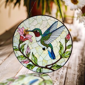 Hummingbird with pink lily round suncatcher stained glass window art gift for nature lovers