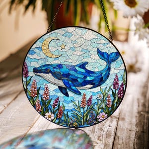 Blue whale stained glass suncatcher ocean window hanging gift for whale lovers
