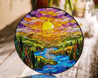 Mountain River Sunset Suncatcher Stained Glass Window Art Gift for Nature Lovers