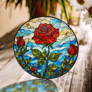 blooming red rose stained glass style round suncatcher window decor gift for mom