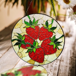 Red strawberries stained glass suncatcher handmade round fruit panel gift for kitchen lover