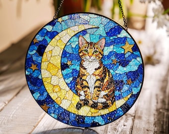 Stained Glass Cat Moon Suncatcher Colorful Crescent Moon Stained Glass Art Gift for Cat Lovers