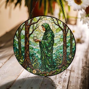 Green Stained Glass Suncatcher Nature Woman Art Gift for Her