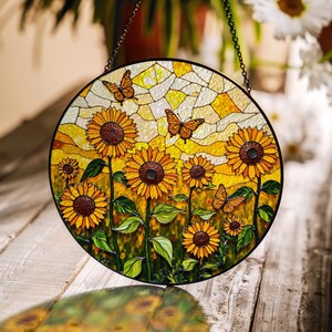 Sunflower and Monarch Butterfly Round Suncatcher Window Hanging Gift for Mom or Nature Lover
