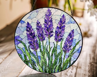 Lavender Stained Glass Suncatcher Handcrafted with Purple Flowers Ideal Gift for Garden Lovers