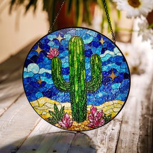 Stained Glass Cactus Suncatcher Green Desert Glass Art Window Decoration Gift for Nature Lovers
