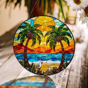 Tropical Sunset Beach Palm Trees Suncatcher Window Hanging Gift for Beach Lover Nature Enthusiast Friend