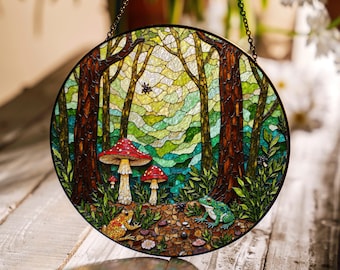 Betoverd bos paddenstoel glas-in-lood suncatcher Fairycore raamdecoratie cadeau voor natuurliefhebbers