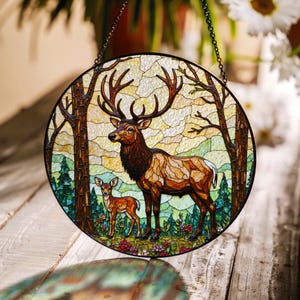 forest elk and fawn stained glass suncatcher window hanging woodland decor gift for dad or nature lover